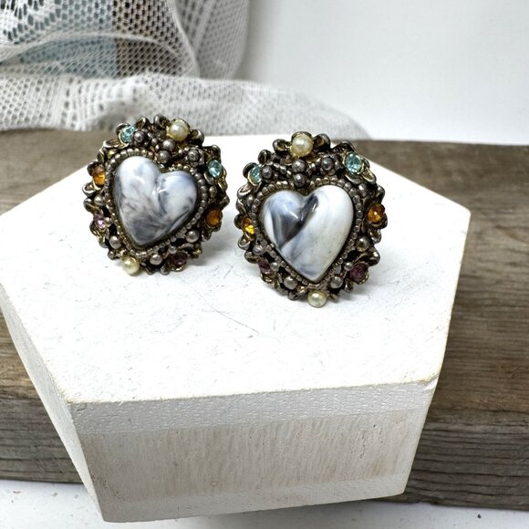 Vintage Heart Clip-On Earrings With Marbled Center & Rhinestone Accents Silverto - Picture 4 of 6